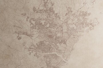 Map of Sendai (Japan) on an old vintage sheet of paper. Retro style grunge paper with light coming from right. 3d render