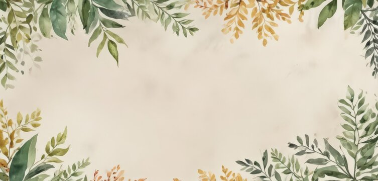Watercolor painted leaves and branches frame bifold template ,  sympathy,  greenery,  vintage