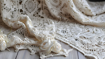 Obraz premium Close up of a delicate lace tablecloth with floral accents on a rustic wooden surface creating a soft look