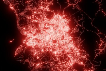 Street map of Kuala Lumpur (Malaysia) made with red illumination and glow effect. Top view on roads network. 3d render, illustration