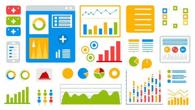 Illustration showing various types of data visualization charts and graphs in a colorful style format