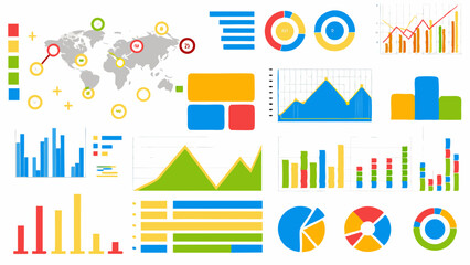 A collection of colorful data visualization elements including world map and various types of charts graphs