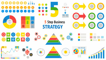 Collection of colorful business strategy infographics and data visualization elements arranged together nicely