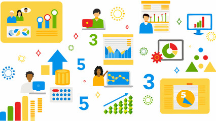 Naklejka premium Illustration showcasing business analytics with charts graphs and data visualization elements in bright colors