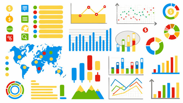 Illustration of various business graphs, pie charts, world maps, and data visualization elements displayed