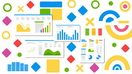 Illustration of colorful charts and graphs with various shapes and data representations on a white background