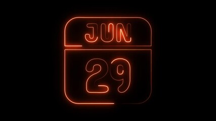 Glowing neon 29 june icon isolated on black background.a neon sign with a calendar that says "29 DAYS". HD Video motion graphic animation
