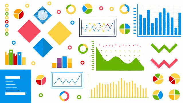 Illustration of various colorful data visualization elements including charts graphs and diagrams scattered around