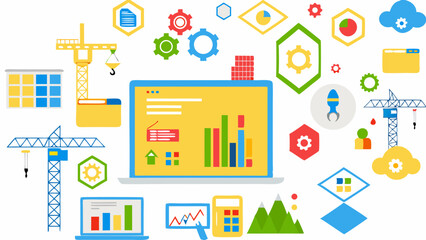 Fototapeta premium Illustration showing laptop with charts, construction cranes, and assorted business icons around it