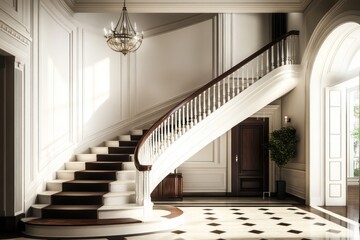 Obraz premium Grand, curving staircase in a sunlit, elegant foyer