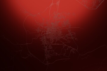 Street map of Taif (Saudi Arabia) engraved on red metal background. Light is coming from top. 3d render, illustration