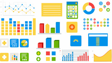 Collection of colorful business charts, graphs, and icons representing data analysis and statistics