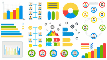 Obraz premium Illustration featuring various business charts, graphs, and organizational diagrams with human icons and gears