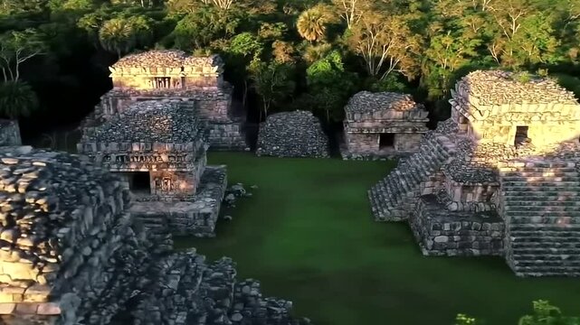 Aerial view of the ancient Mayan ruins of Ek Balam in Yucatan, Mexico, showing the stone pyramids and structures surrounded by a lush green jungle and forest