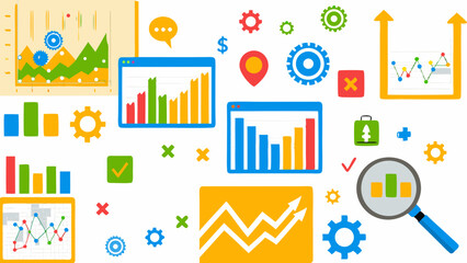 Illustration featuring charts graphs gears and magnifying glass on a white background design elements