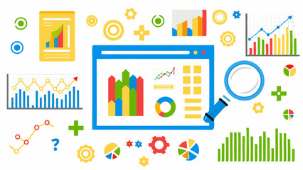 Illustration of data analysis elements with charts graphs gears plus signs and a magnifying glass tool set