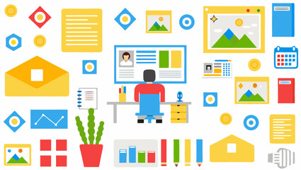 Illustration of a person at a desk with a computer surrounded by office supplies and charts and graphs