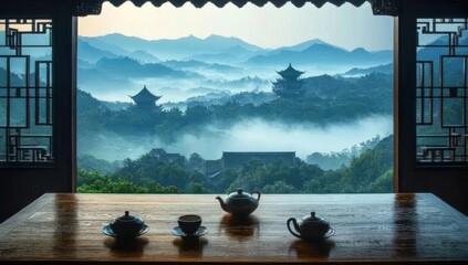 Tranquil mountain view through Chinese window, tea set on table
