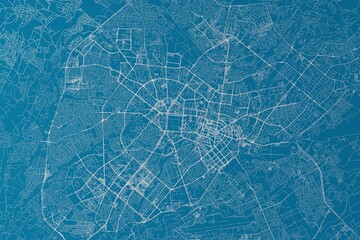 Map of the streets of Tashkent (Uzbekistan) made with white lines on blue background. 3d render, illustration