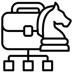 Strategic Career Planning - Outline Icon - A briefcase, knight chess piece, and flowchart symbolizing strategic planning and career pathways