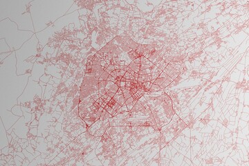 Map of the streets of Tashkent (Uzbekistan) made with red lines on white paper. 3d render, illustration