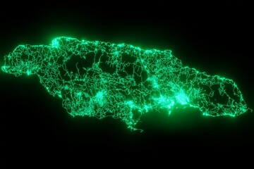 Map of the streets of Jamaica made with green illumination and glow effect. Top view on roads network. 3d render, illustration