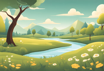 Naklejka premium cartoon horizon with trees, happy summer cartoon, cartoon landscape wallpaper, children’s cartoon background, cartoon valley with trees, cartoon forest meadow, cartoon nature wallpaper, colorful summe