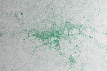 Map of the streets of Zagreb (Croatia) made with green lines on white paper. 3d render, illustration