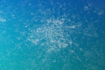 Map of the streets of Prague (Czechia) made with white lines on greenish blue gradient background. 3d render, illustration