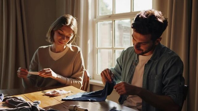 Couple doing hand-sewing work at home in soft daylight, focusing on sustainable craft together.
