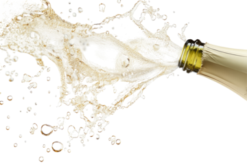 Champagne bottle pouring, liquid splashing dynamically against a black backdrop, highlighting effervescence and celebratory feel