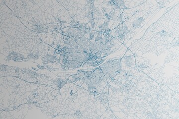 Map of the streets of Nantes (France) made with blue lines on white paper. 3d render, illustration