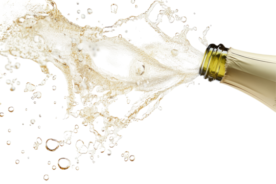 Champagne bottle pouring, liquid splashing dynamically against a black backdrop, highlighting effervescence and celebratory feel