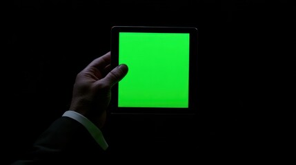 A hand holds a tablet with a green screen against a dark background.
