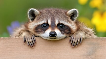 Fototapeta premium Adorable raccoon peeking over a wooden surface with a blurred green and yellow background