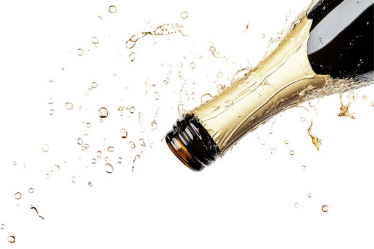 A champagne bottle with its cork removed, spraying a dynamic burst of golden liquid and effervescent bubbles against a black background