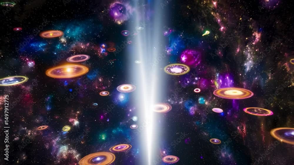 Poster dynamic cosmic flight through a colorful starfield and multiple swirling galaxy formations in deep s