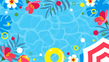 Summer background frame with sea, foliage and flowers in vector, flat style.