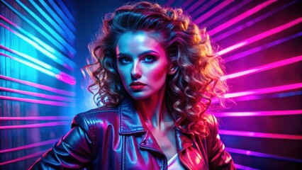 Fototapeta premium A woman with curly hair poses confidently in a leather jacket, illuminated by vibrant neon blue and pink lights in a futuristic setting.