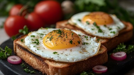 Two fried eggs sunny-side up on toasted bread slices, garnished with parsley and pepper, served on a dark slate with red onion and tomato garnish