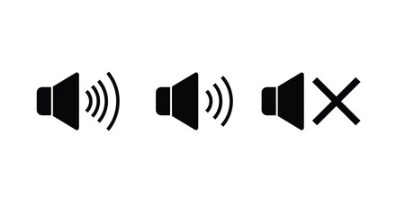 Speaker volume icons with sound waves. Volume up, down, and mute collection. Vector illustration