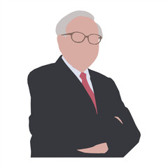 Flat Design Portrait of a Businessman with Glasses and Crossed Arms, Minimalist Illustrated Figure of a Senior Male Executive