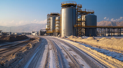 Obraz premium Industrial Landscape with Storage Tanks and Snowy Road at Dawn