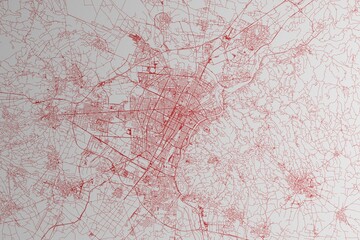 Map of the streets of Turin (Italy) made with red lines on white paper. 3d render, illustration