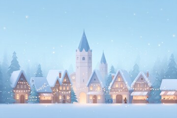 Obraz premium cozy christmas market scene with stalls twinkling lights and small festive crowd all captured in minimalistic style