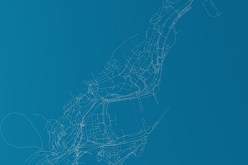 Map of the streets of Monaco made with white lines on blue background. 3d render, illustration