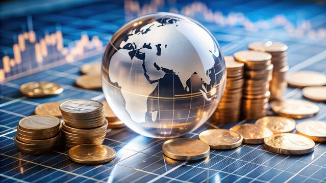 Stacks of coins and a glass globe on a financial chart symbolize global finance, investment, and economic growth.