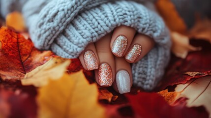Autumnal manicured hands in cozy sweater amongst fall leaves