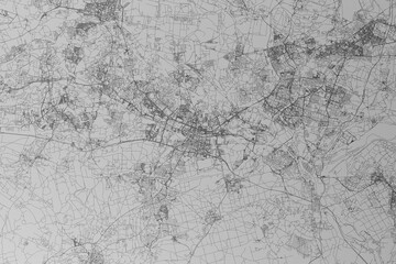Map of the streets of Katowice (Poland) made with black lines on grey paper. Top view. 3d render, illustration