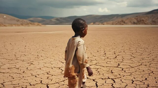 Young African boy walks across dry cracked earth in drought stricken land, symbolizing climate change and environmental disaster.